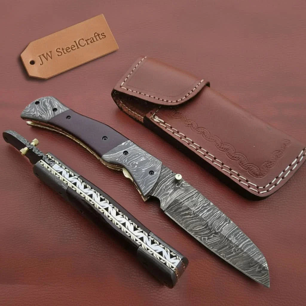 Handmade Damascus Steel Folding Knife – Matte Black Handle with Brass Liner &amp; Thumb Stud | JW SteelCrafts