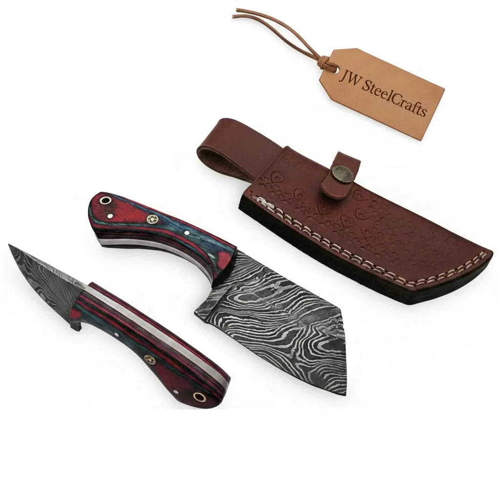 6-Inch Forged Damascus Cleaver Knife — Red and Blue Pakka Wood Handle, Mosaic Pin, Lanyard Hole &amp; Tooled Leather Sheath | JW Steel Crafts