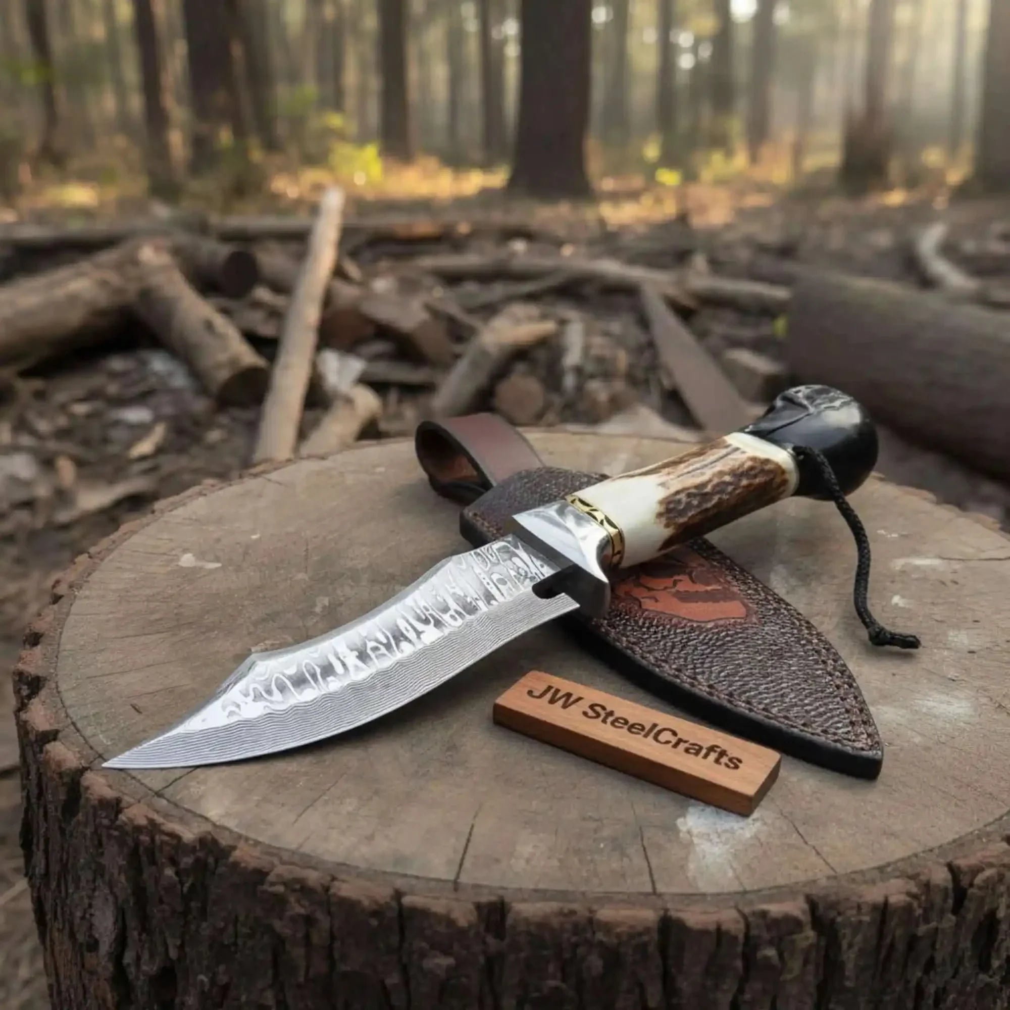 Handmade Damascus Hunting Knife with Stag Antler Handle &amp; Custom Leather Sheath