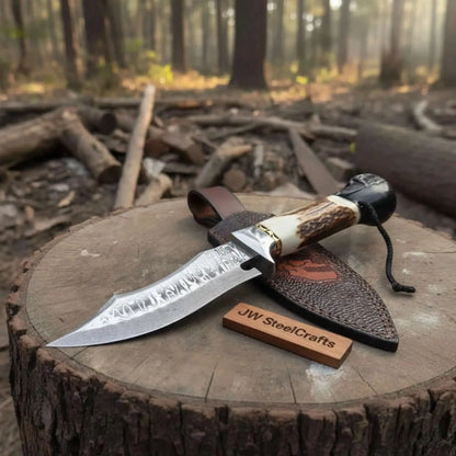Handmade Damascus Hunting Knife with Stag Antler Handle &amp; Custom Leather Sheath