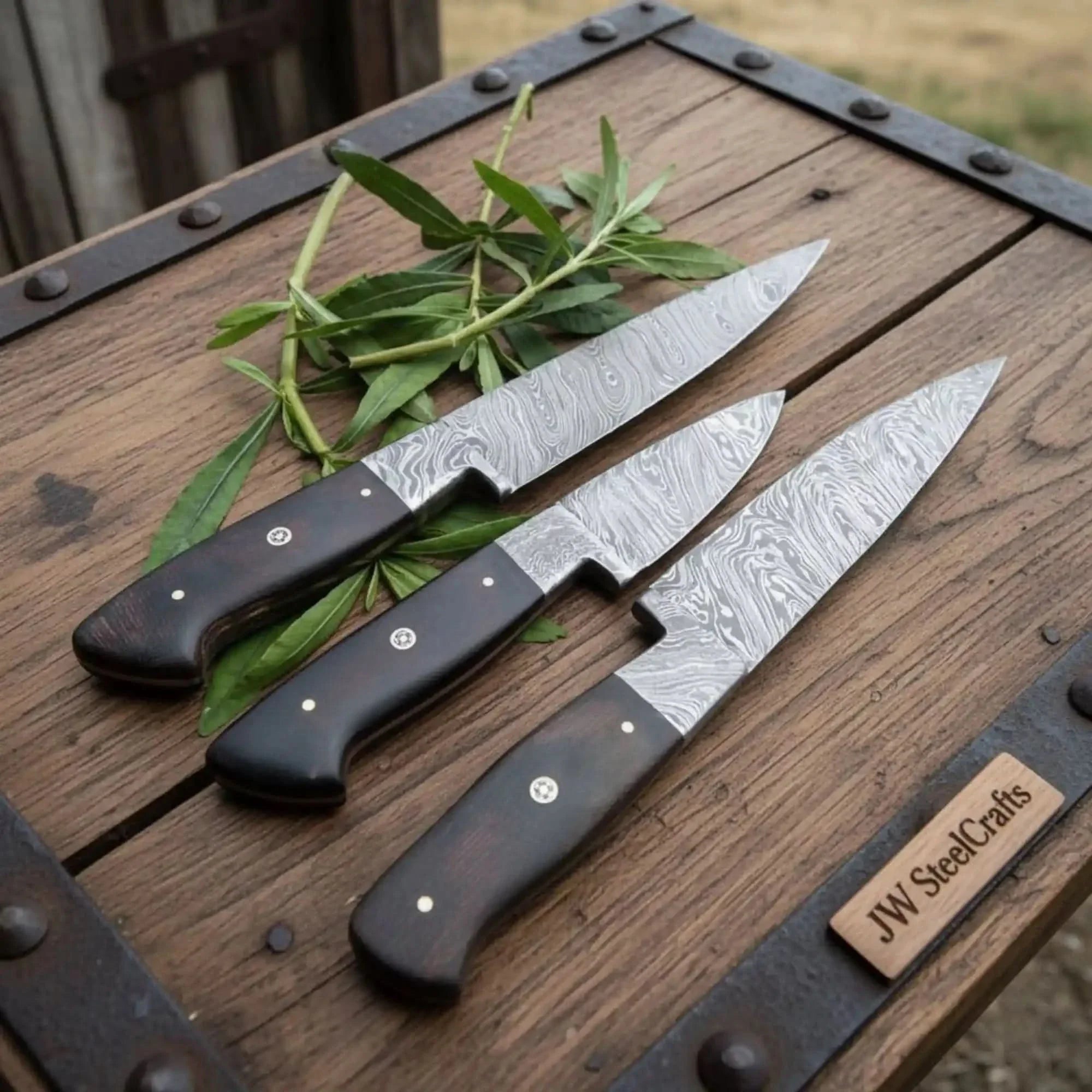 3-Piece Twisted Damascus Kitchen Knife Set — 10" Chef &amp; Utility Knives with 7" Paring Knife and Black Micarta Handles