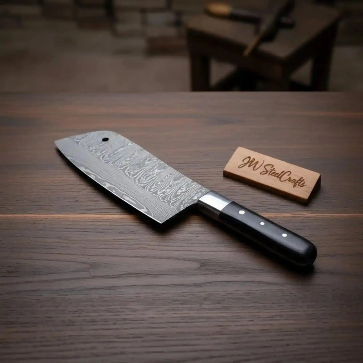 7-Inch Forged Damascus Cleaver Knife — Twisted Pattern Blade, Grey Pakka Wood Handle, Steel Bolster &amp; Hanging Hole | JW Steel Crafts