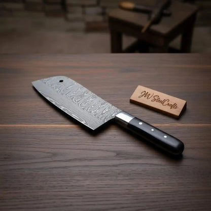 7-Inch Forged Damascus Cleaver Knife — Twisted Pattern Blade, Grey Pakka Wood Handle, Steel Bolster &amp; Hanging Hole | JW Steel Crafts