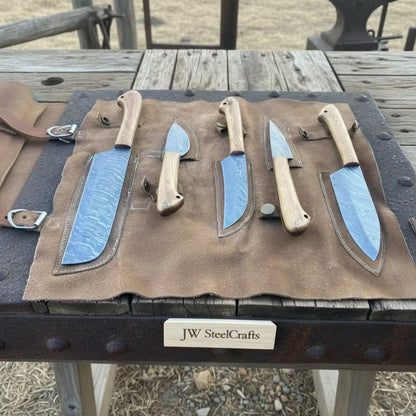 Hand Forged 5-Piece Damascus Knife Set — Cleaver, Chef, Skinner, Utility &amp; Paring Knife with Olive Wood Handles &amp; Leather Roll