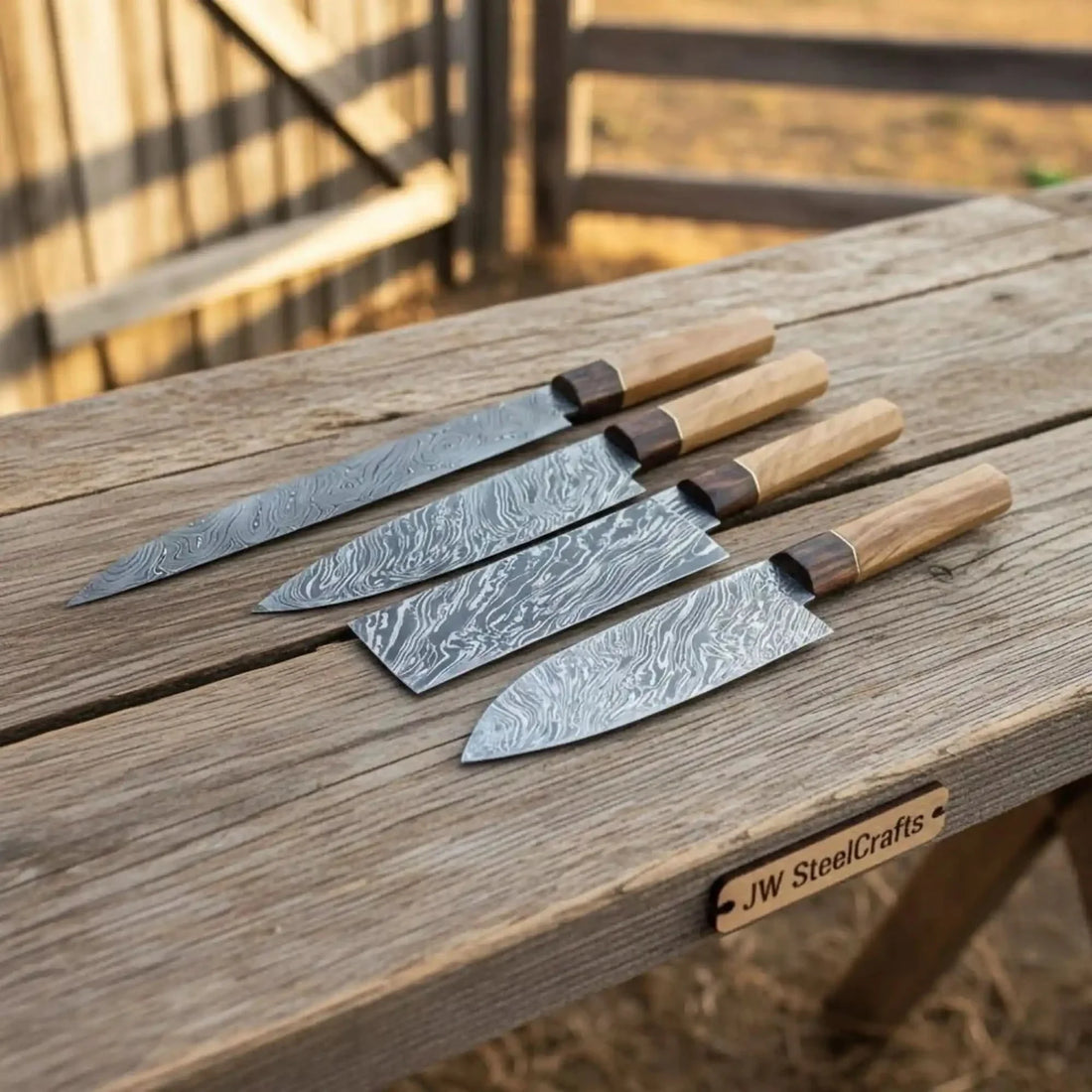 Fire-Pattern Damascus Kiritsuke, Bunka, Santoku &amp; Petty Knife Set (Olive &amp; Rosewood Handles)