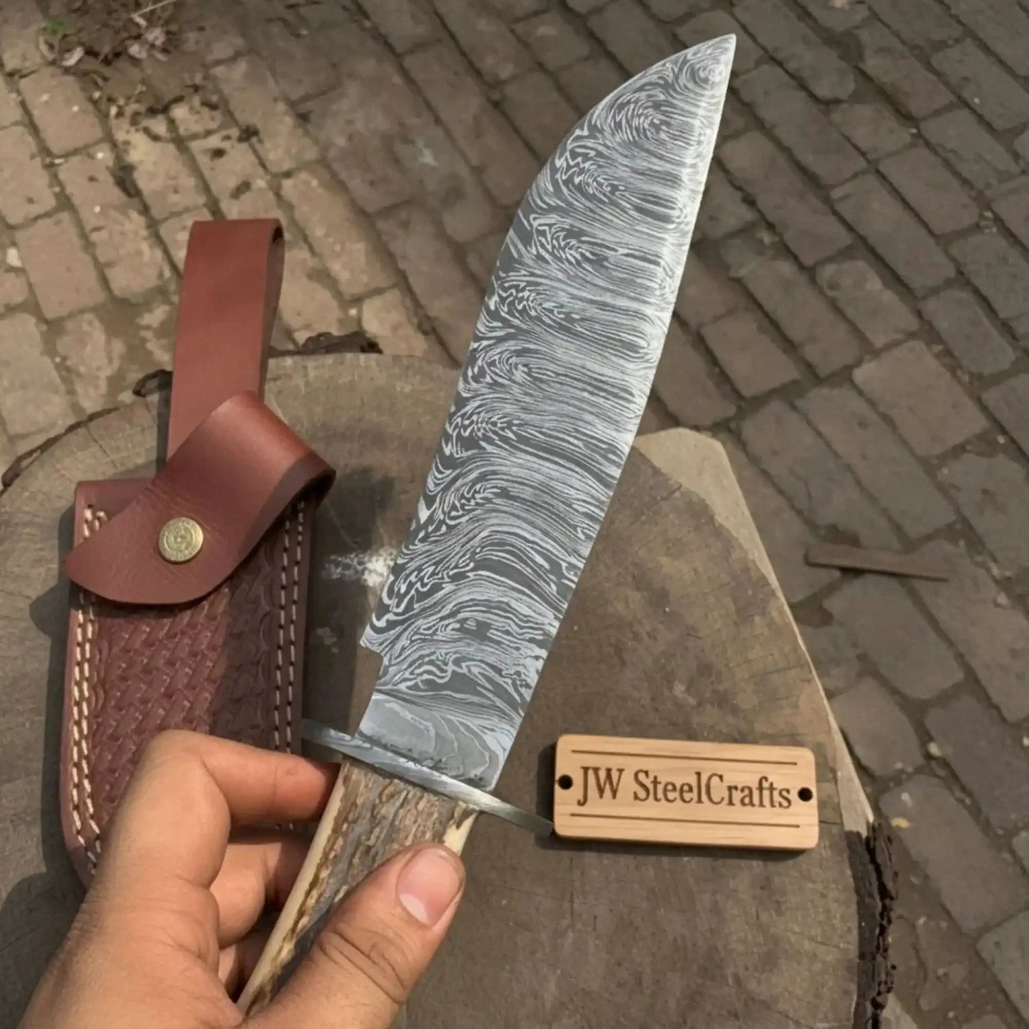 Timberhorn Bowie Blade  Handmade 8" Clip Point Hunting Blade with Stag Handle &amp; Leather Sheath