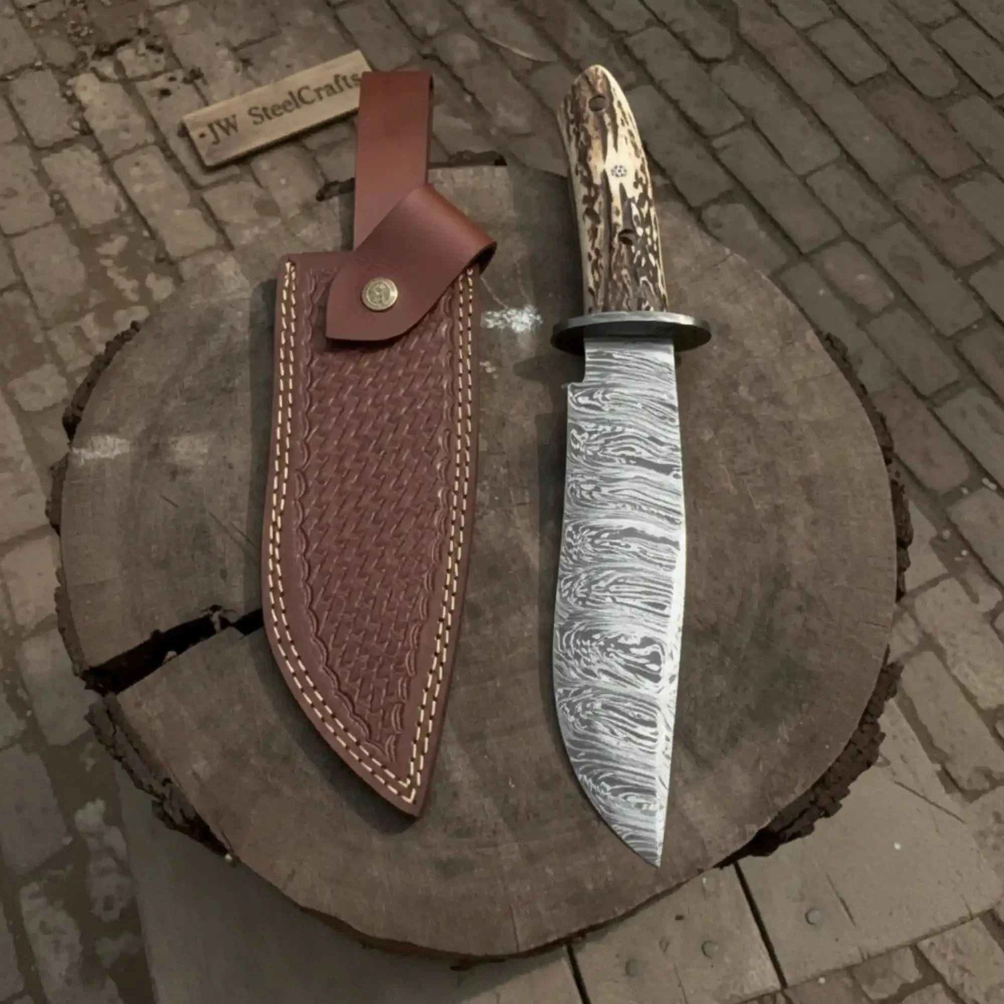 Timberhorn Bowie Blade  Handmade 8" Clip Point Hunting Blade with Stag Handle &amp; Leather Sheath