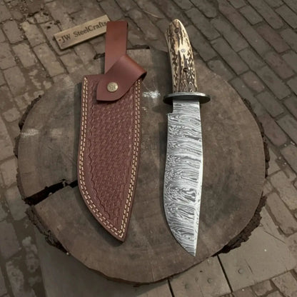 Timberhorn Bowie Blade  Handmade 8" Clip Point Hunting Blade with Stag Handle &amp; Leather Sheath