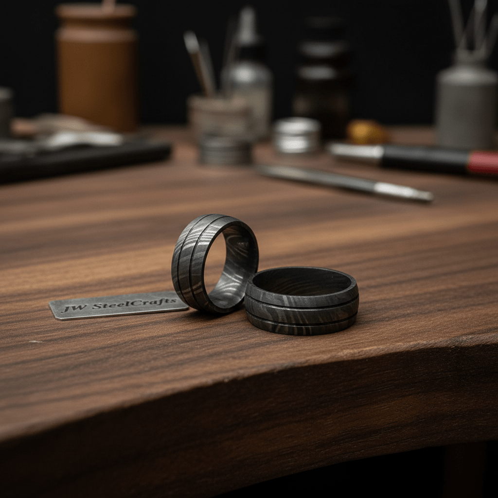 Black Damascus Double Groove Band with Etched Finish