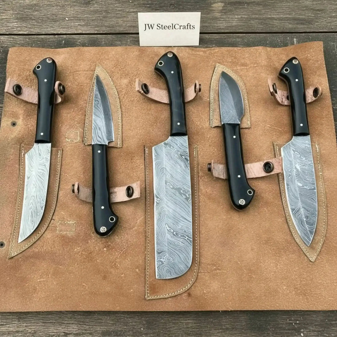 Handmade Damascus Chef &amp; Utility Knife Set - Black Pakka Handles, Full Tang Blades