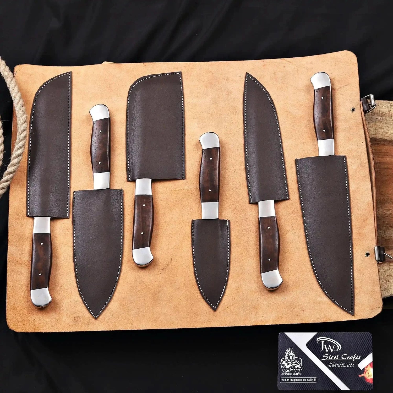 Handmade 6 Piece Chef Knife Set with Leather Roll – Full Tang Kitchen Knives Set with Cleaver, Chef, Santoku, Utility &amp; Paring