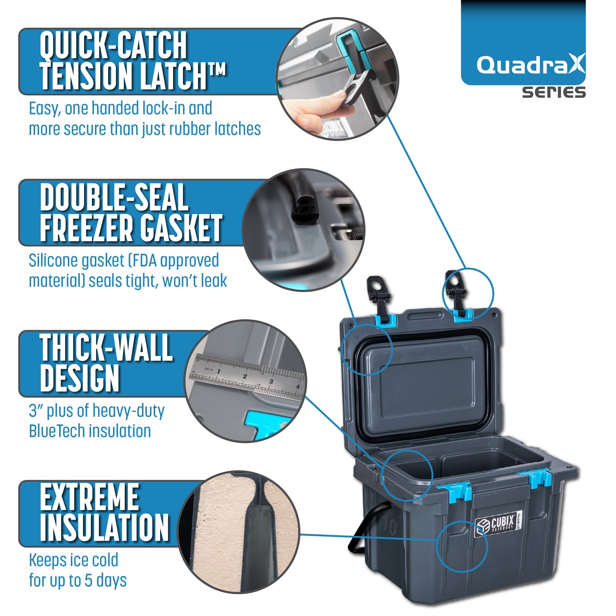 QuadraX 10QT Personal Cooler – Rotomolded Hard Cooler with 72-Hr Ice Retention &amp; Lifetime Warranty