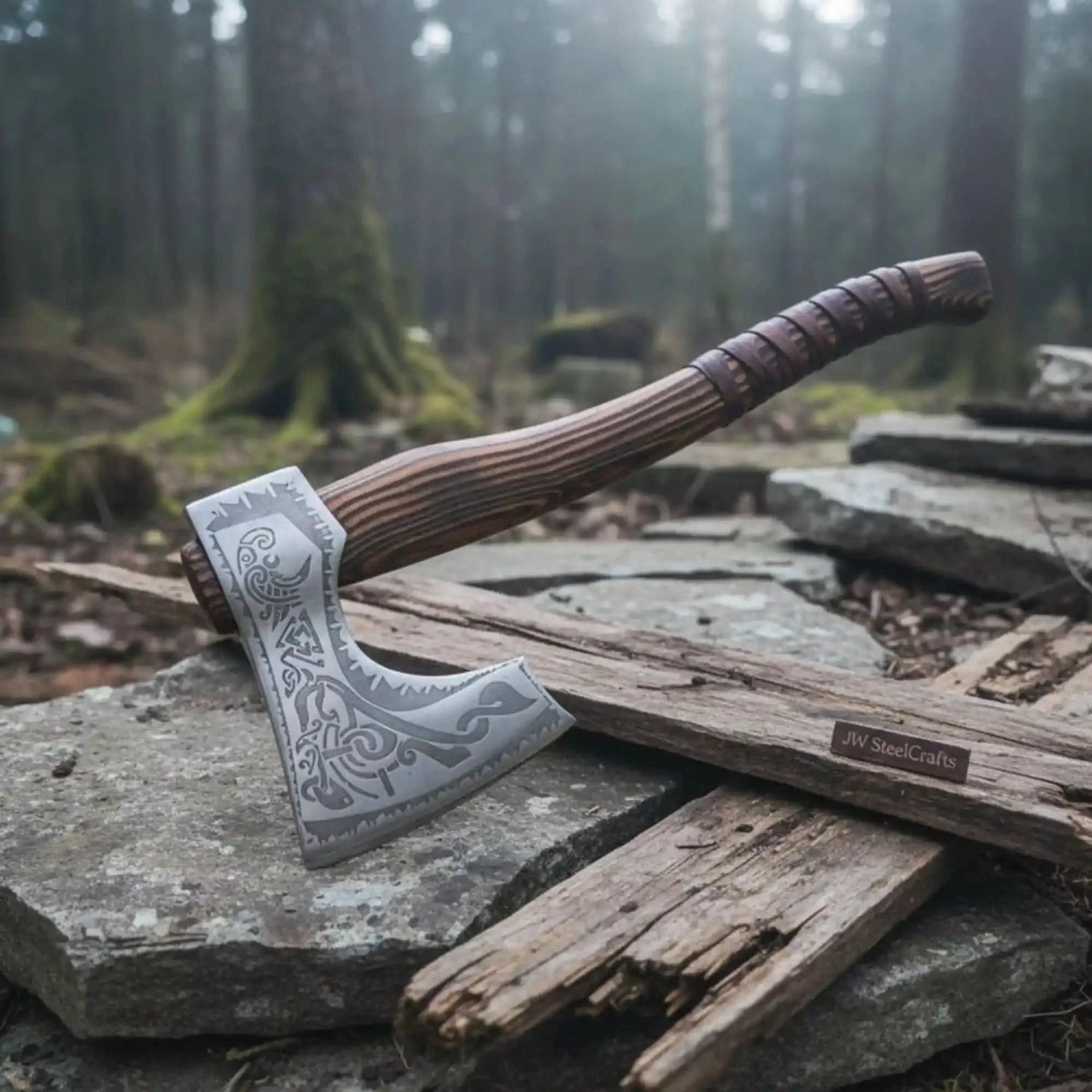 Hand Forged Carbon Steel Viking Axe with Carved Ash Wood Handle and Leather Grip