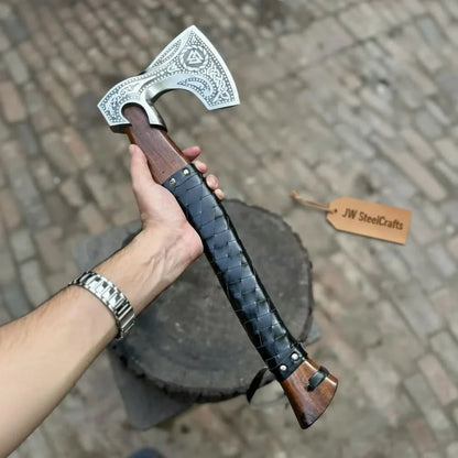 Viking Axe with Leather Wrapped Handle &amp; Engraved Head – JW SteelCrafts