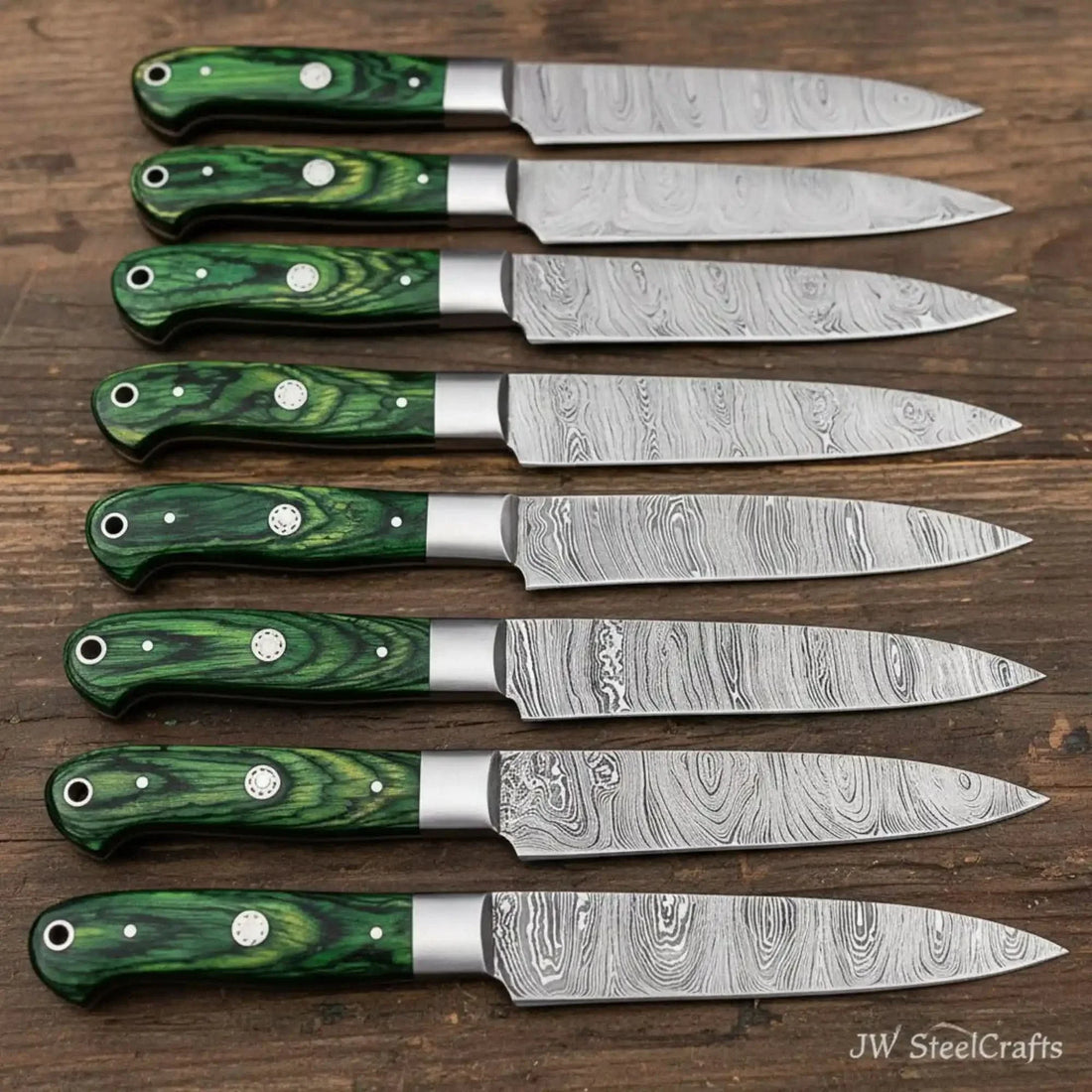 Handmade Damascus Steak Knife Set – Green Pakkawood Handles, Steel Bolsters &amp; Full Tang Blades