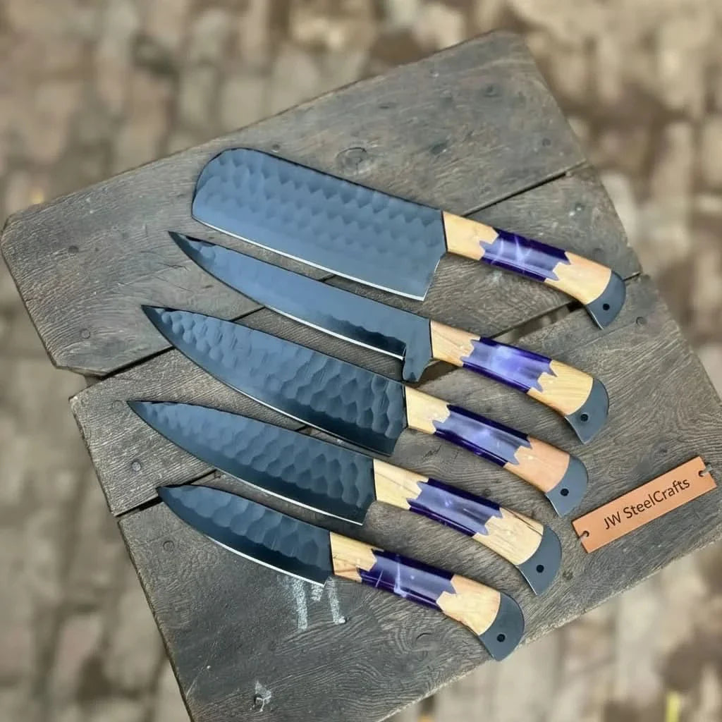 5-Piece Chef Knife Set with Hammered Black Blades, Purple Resin &amp; Olive Wood Handles