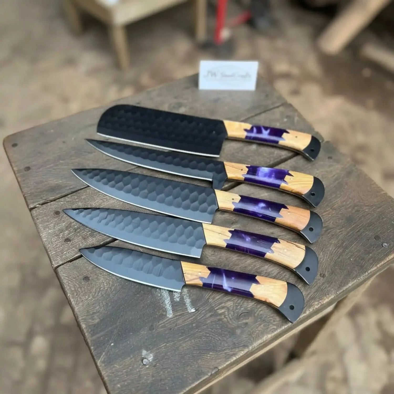 5-Piece Chef Knife Set with Hammered Black Blades, Purple Resin &amp; Olive Wood Handles