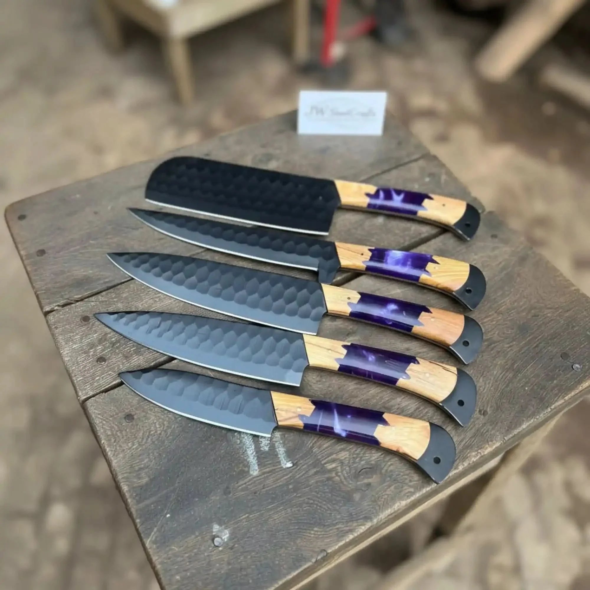 5-Piece Chef Knife Set with Hammered Black Blades, Purple Resin &amp; Olive Wood Handles