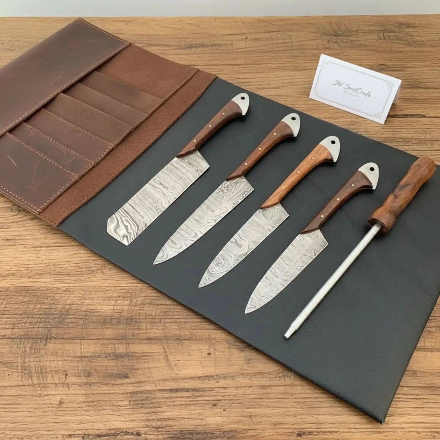 5-Piece Damascus Cutlery Set with 9 inch Blades, Rosewood Handles, Leather Roll