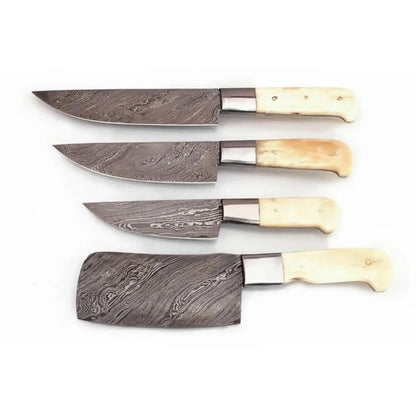 4-Piece Damascus Kitchen Knife Set — Chef, Slicer, Utility &amp; Cleaver with White Camel Bone Handles &amp; Steel Bolsters | JW Steel Crafts