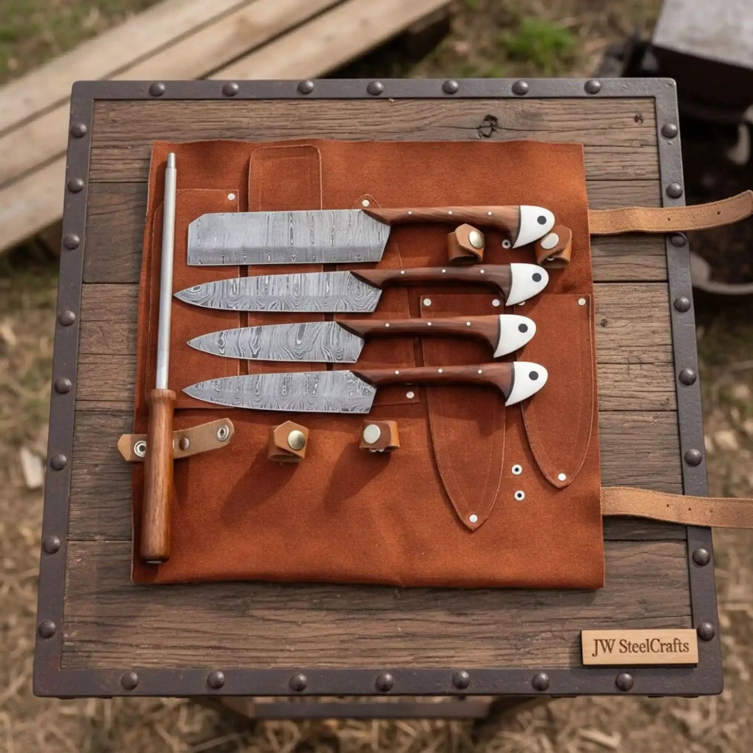Hand-Forged Damascus Chef Knife Set with Leather Roll &amp; Sharpening Rod - Rosewood Handle Collection