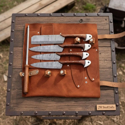 Hand-Forged Damascus Chef Knife Set with Leather Roll &amp; Sharpening Rod - Rosewood Handle Collection