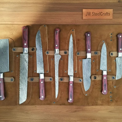 Handmade Damascus Chef Knife Set of 8 with Leather Roll, Full Tang Culinary Knife Collection with Red Wood Handles – JW SteelCrafts