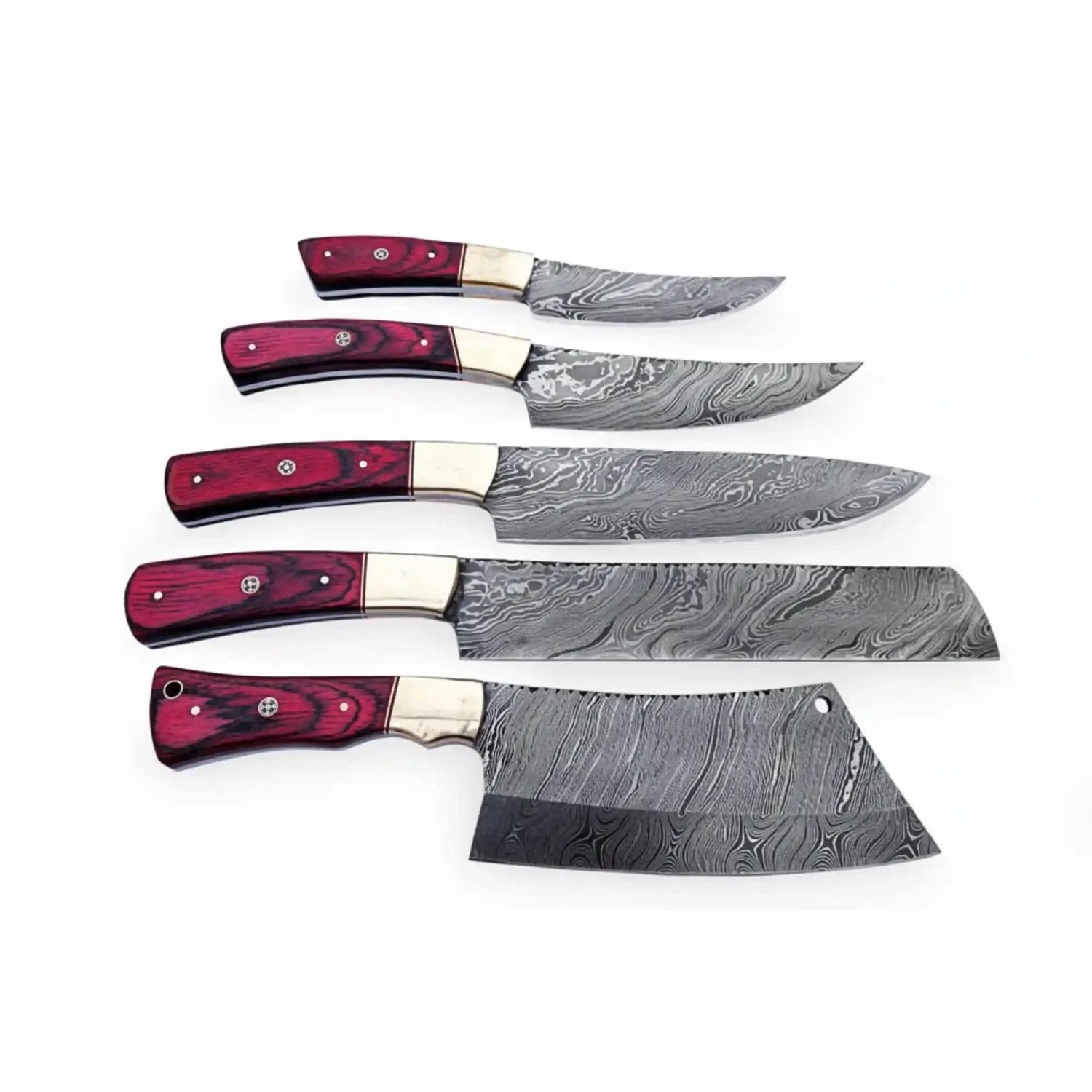 5-Piece Handmade Damascus Kitchen Knife Set – Red Pakkawood Handles &amp; Brass Bolsters | Chef, Santoku, Bread, Utility &amp; Cleaver
