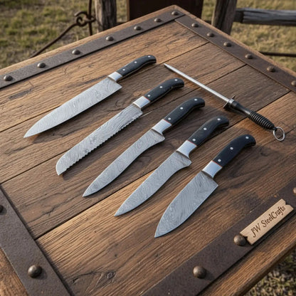 5-Piece Damascus Kitchen Knife Set — 9" Uniform Blades, Black Handles with Steel Bolsters, Leather Roll &amp; Honing Rod