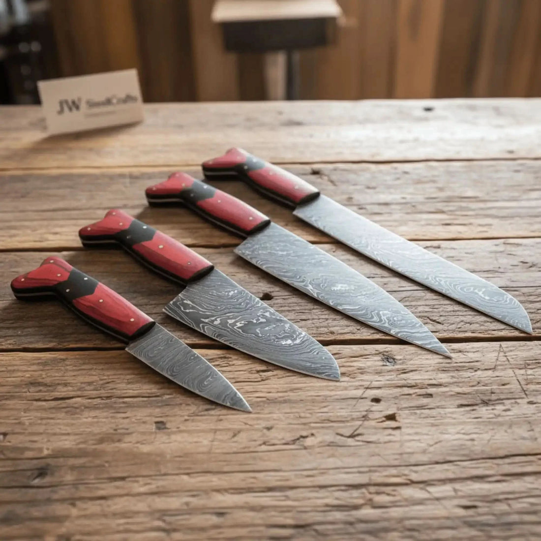 Handmade Red Wood Handle Damascus Kitchen Knife Set - 4 Piece Carving Chef Utility