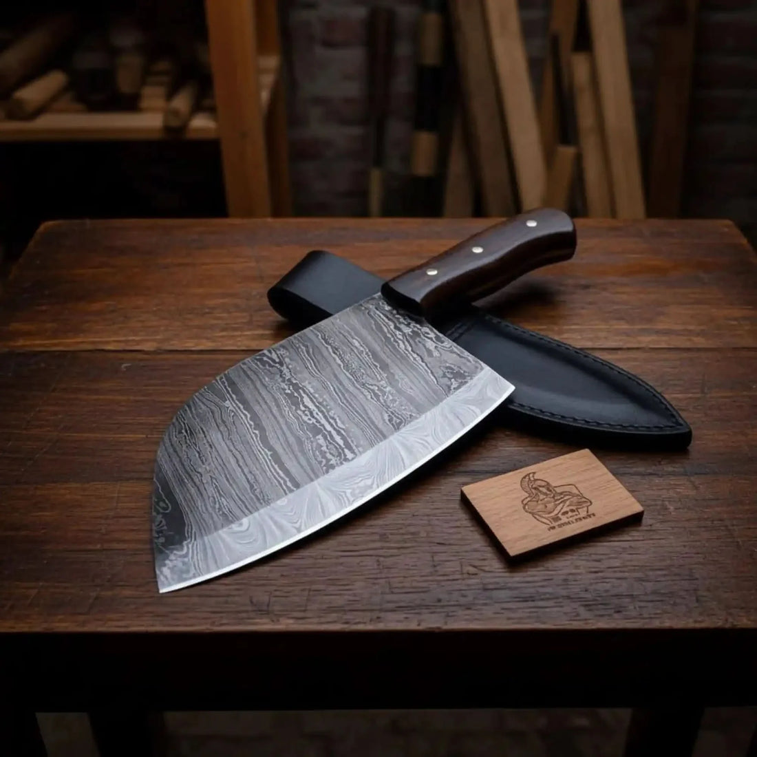 12-Inch Serbian Damascus Cleaver — Rosewood Handle &amp; Leather Sheath