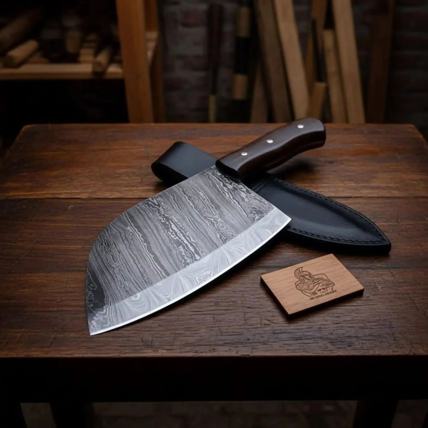 12-Inch Serbian Damascus Cleaver — Rosewood Handle &amp; Leather Sheath