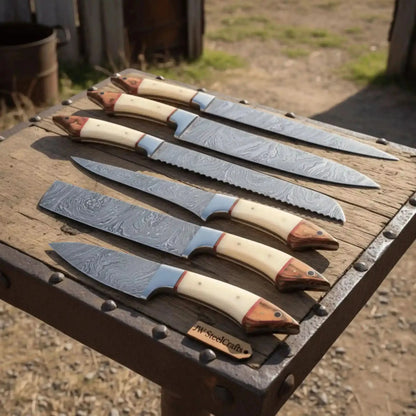 6-Piece Damascus Kitchen Knife Set — Chef, Bread, Fillet, Cleaver &amp; Utility Knives with White Bone and Red Wood Handles, Leather Roll &amp; Sharpener