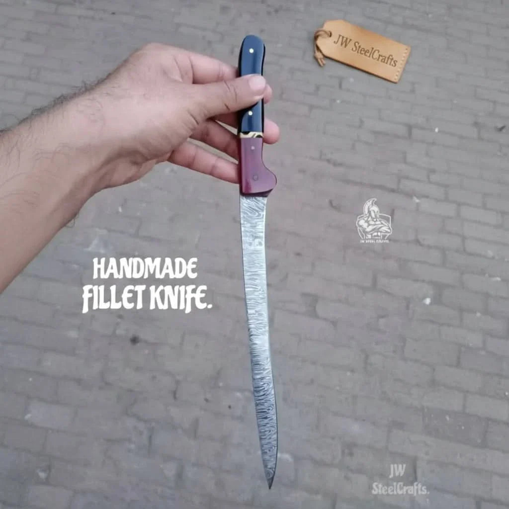 13-Inch Forged Damascus Boning &amp; Fillet Knife — Blue and Red Two-Tone Resin Handle, Steel Bolster &amp; Silver Pins