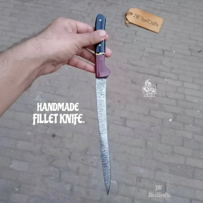 13-Inch Forged Damascus Boning &amp; Fillet Knife — Blue and Red Two-Tone Resin Handle, Steel Bolster &amp; Silver Pins