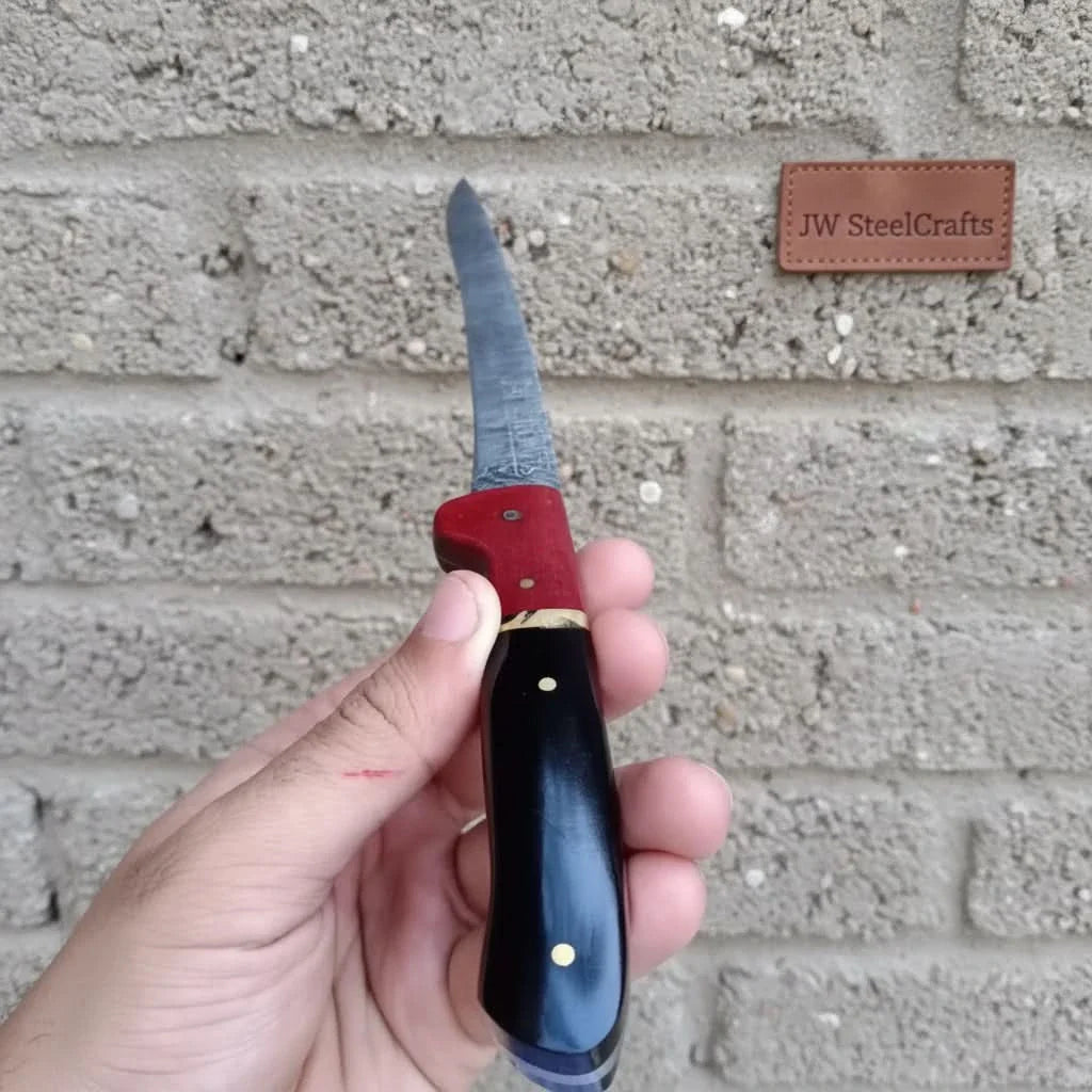 13-Inch Forged Damascus Boning &amp; Fillet Knife — Blue and Red Two-Tone Resin Handle, Steel Bolster &amp; Silver Pins