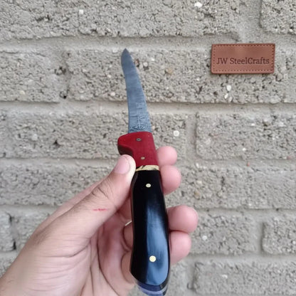 13-Inch Forged Damascus Boning &amp; Fillet Knife — Blue and Red Two-Tone Resin Handle, Steel Bolster &amp; Silver Pins