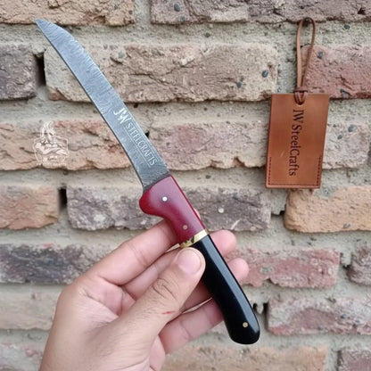 13-Inch Forged Damascus Boning &amp; Fillet Knife — Blue and Red Two-Tone Resin Handle, Steel Bolster &amp; Silver Pins