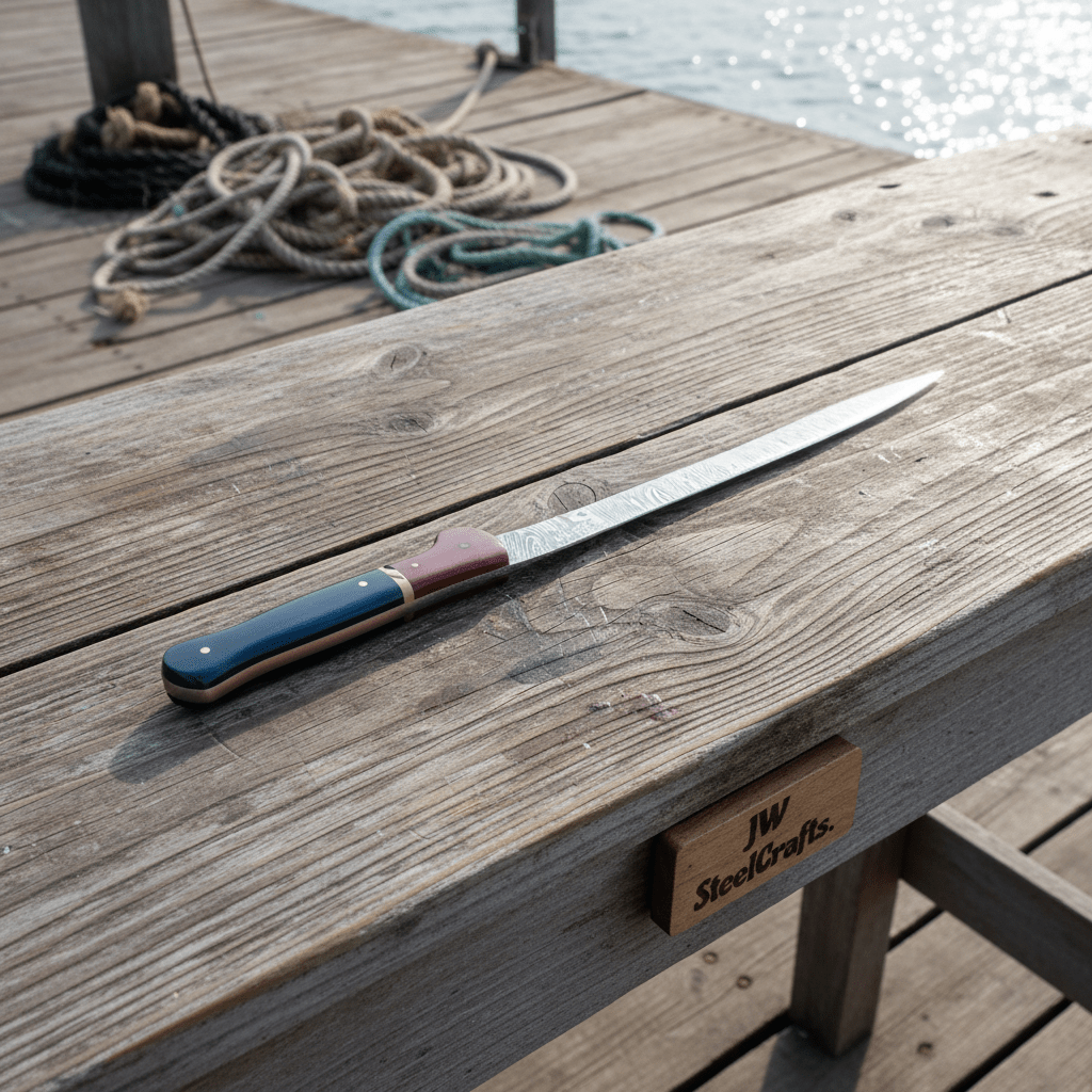 13-Inch Forged Damascus Boning &amp; Fillet Knife — Blue and Red Two-Tone Resin Handle, Steel Bolster &amp; Silver Pins