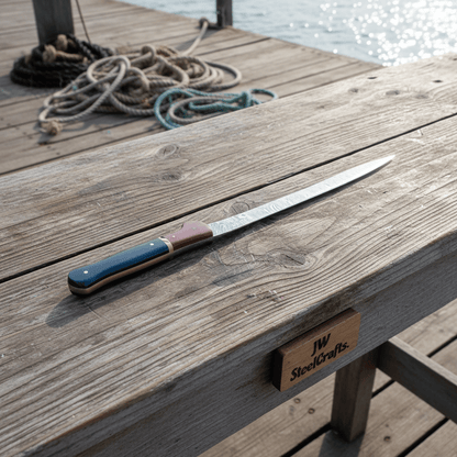 13-Inch Forged Damascus Boning &amp; Fillet Knife — Blue and Red Two-Tone Resin Handle, Steel Bolster &amp; Silver Pins