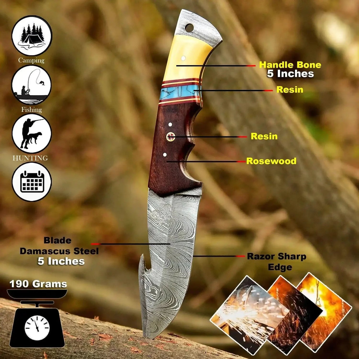 Gut Hook Hunting Knife with Bone, Resin &amp; Rosewood Handle | Damascus Pattern Blade