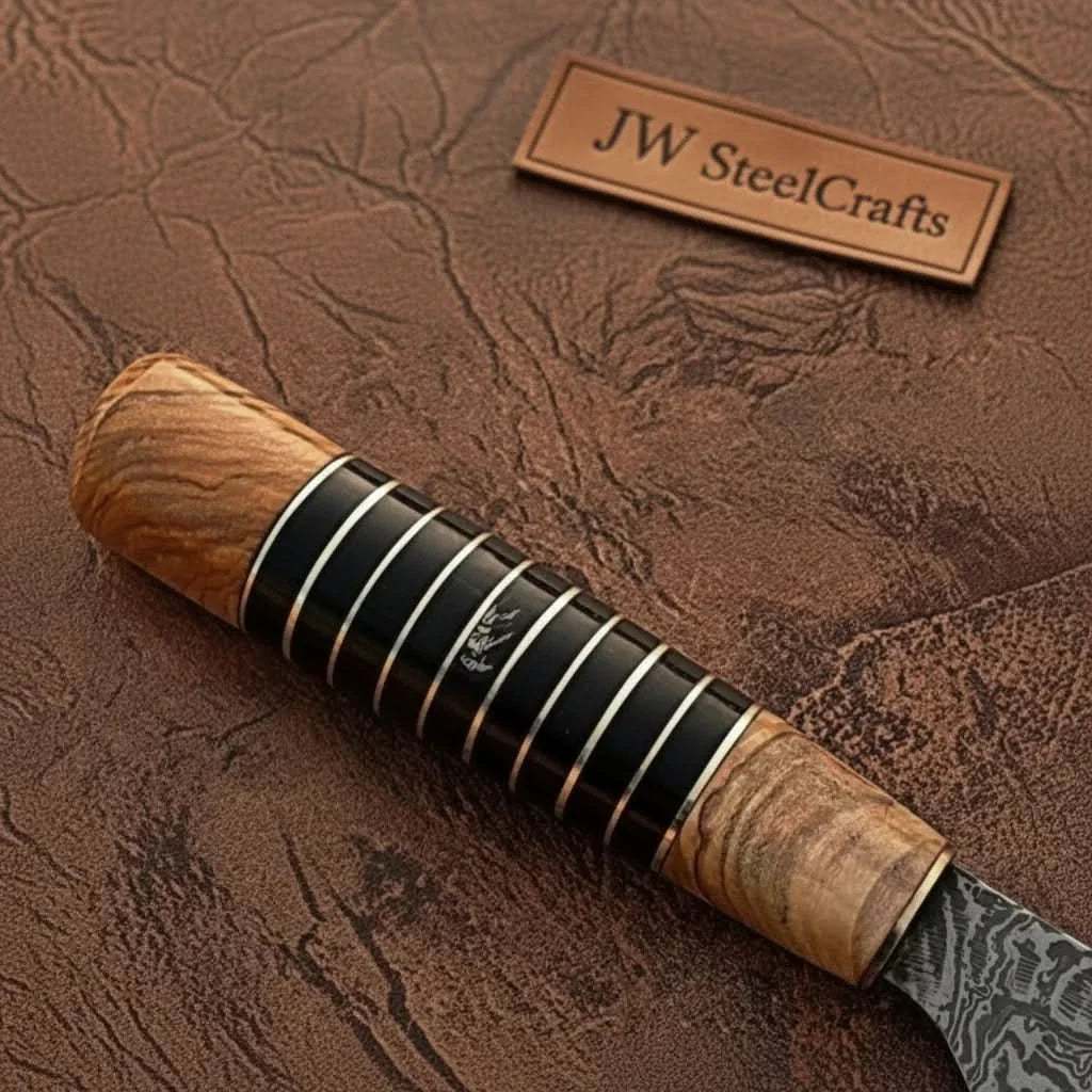 Damascus Kiritsuke Gyuto Chef Knife 12” – Olive Wood &amp; Black Resin Handle with Brass Spacers | Full Tang Japanese Hybrid Knife