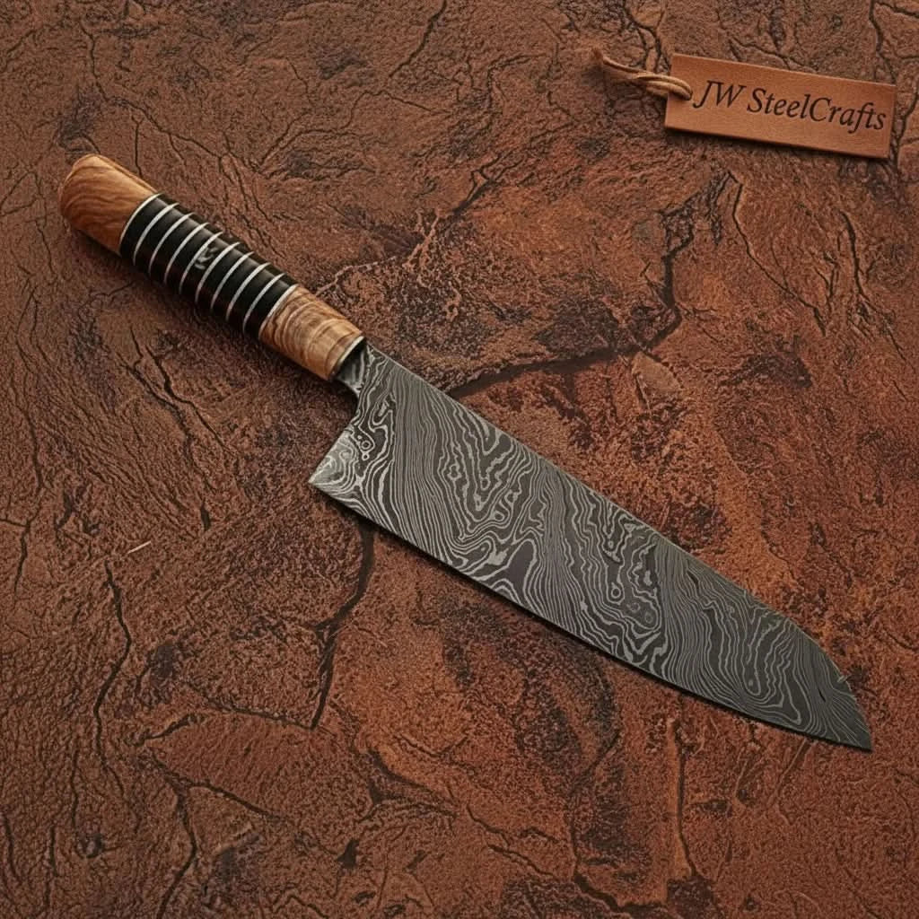 Damascus Kiritsuke Gyuto Chef Knife 12” – Olive Wood &amp; Black Resin Handle with Brass Spacers | Full Tang Japanese Hybrid Knife