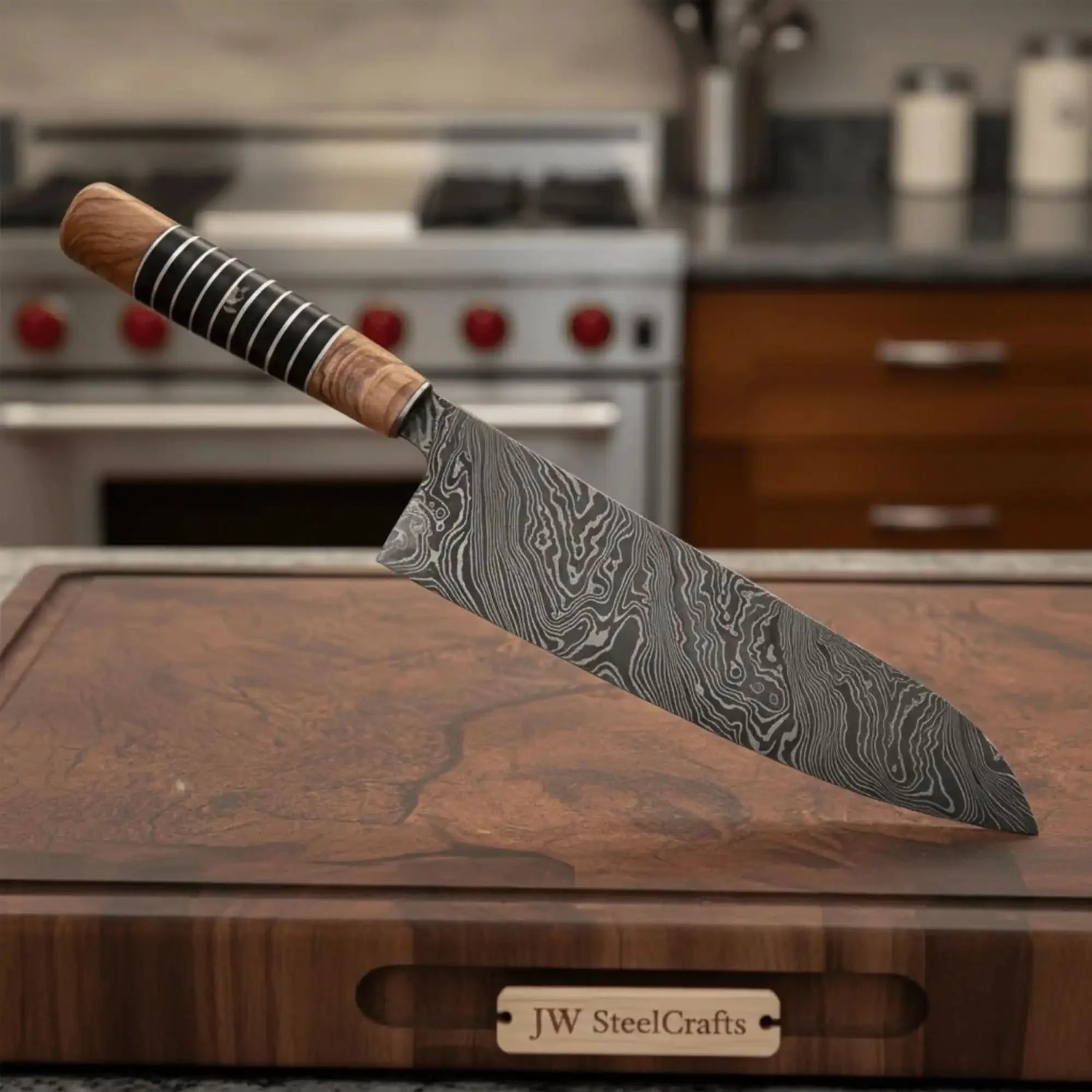 Damascus Kiritsuke Gyuto Chef Knife 12” – Olive Wood &amp; Black Resin Handle with Brass Spacers | Full Tang Japanese Hybrid Knife