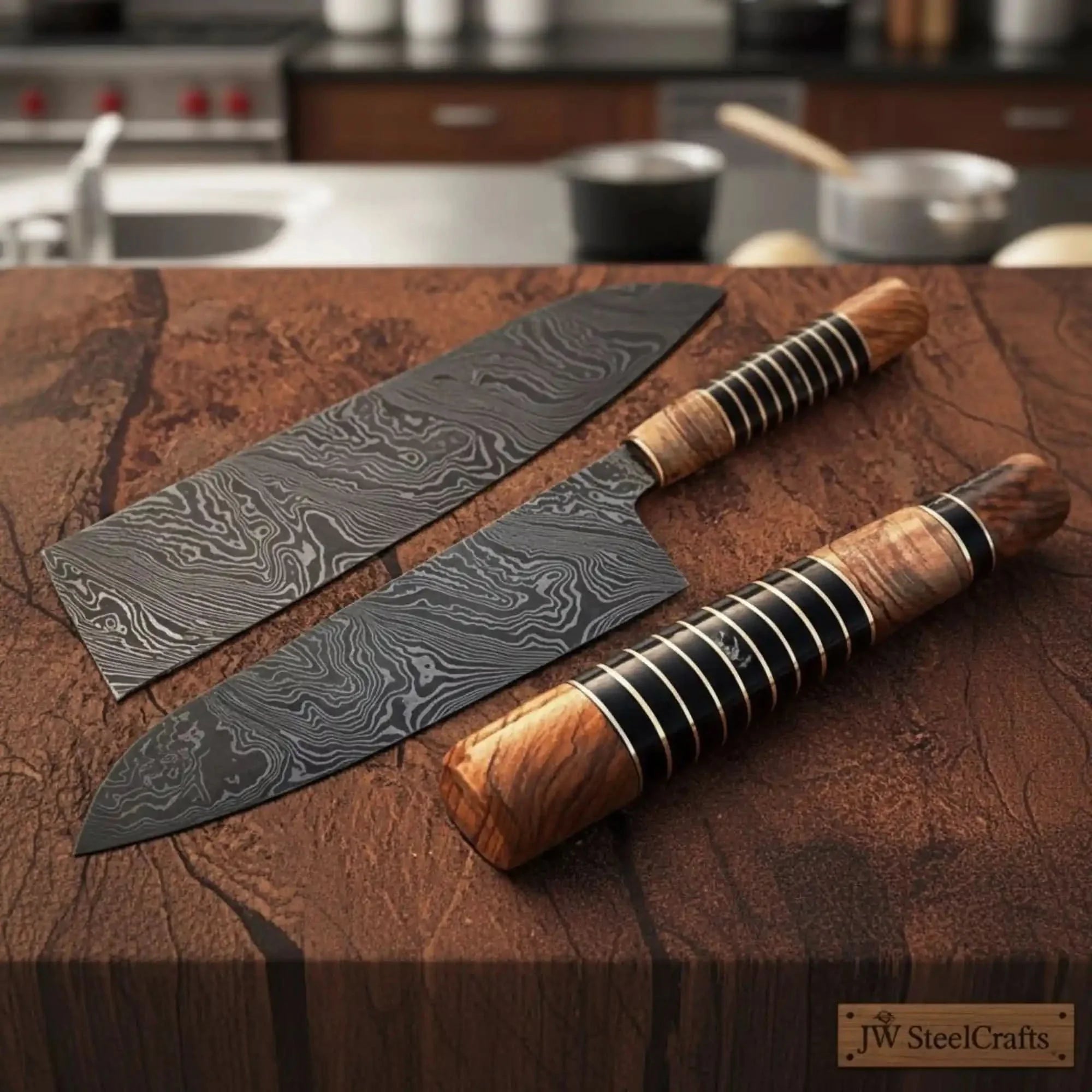 Damascus Kiritsuke Gyuto Chef Knife 12” – Olive Wood &amp; Black Resin Handle with Brass Spacers | Full Tang Japanese Hybrid Knife
