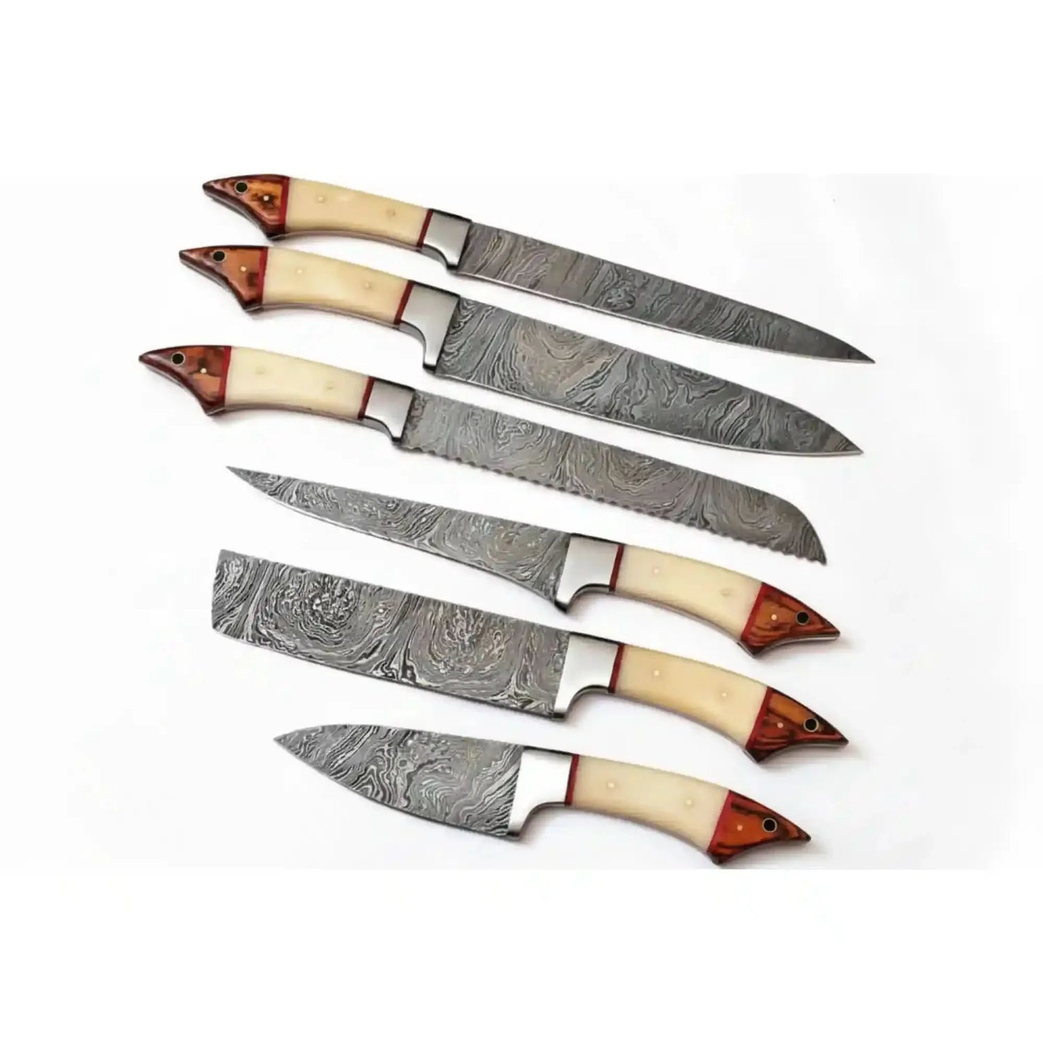 6-Piece Damascus Kitchen Knife Set — Chef, Bread, Fillet, Cleaver &amp; Utility Knives with White Bone and Red Wood Handles, Leather Roll &amp; Sharpener