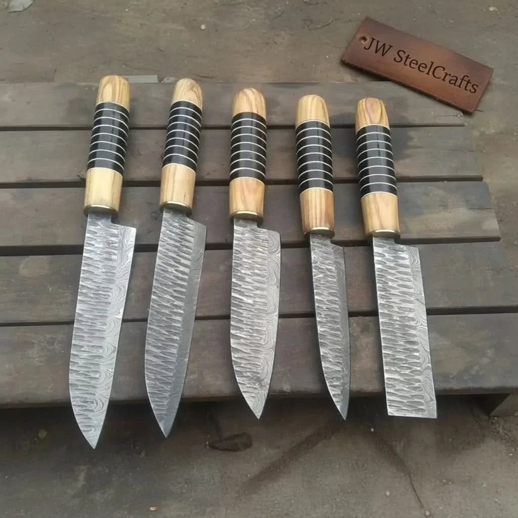 5 Piece Damascus Chef Knife Set | Handmade Kitchen Knives Olive Wood &amp; Resin Handles