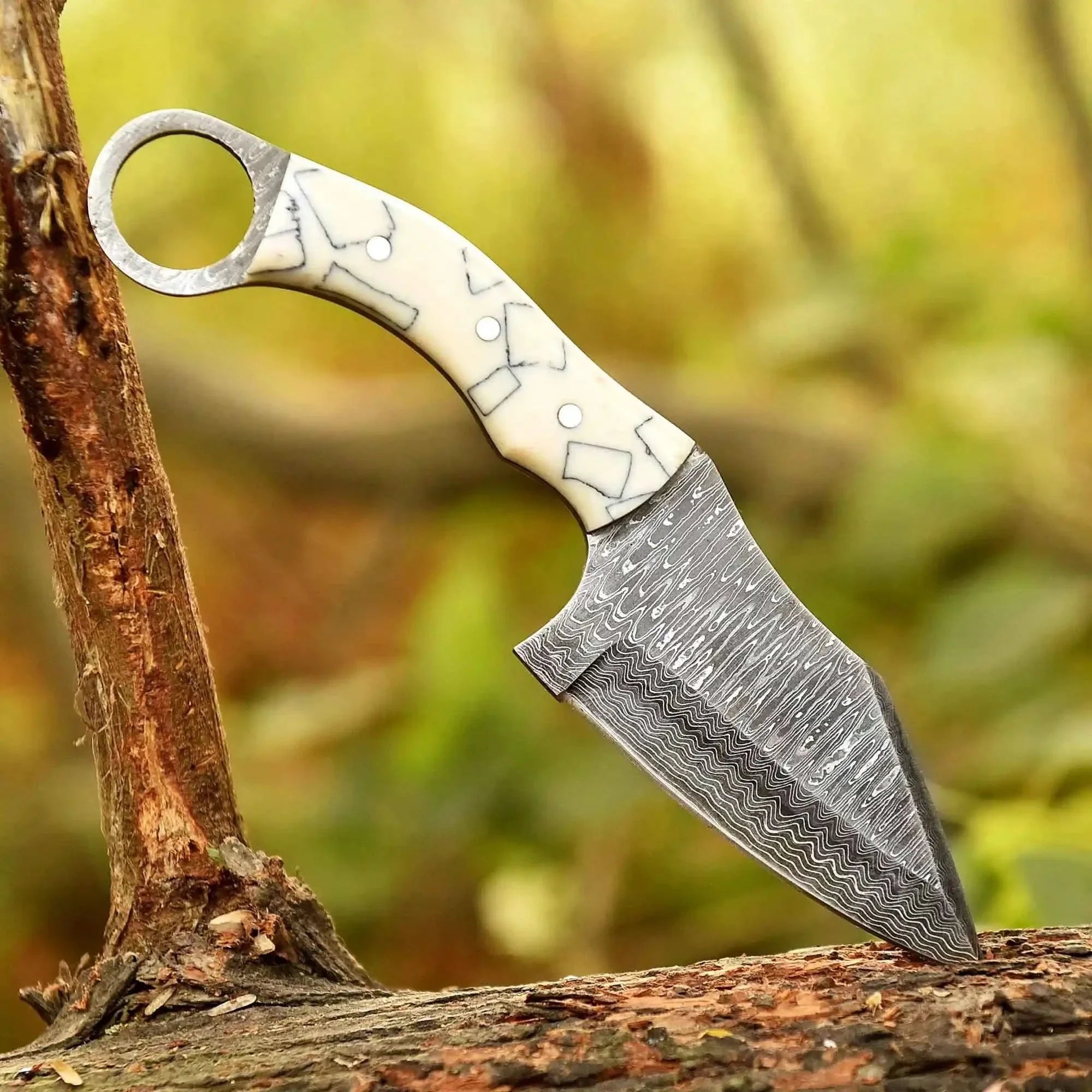 2 Piece Damascus Steel Ring Handle Knife Set with Bone Pattern &amp; Green Resin Handles with Leather Sheath