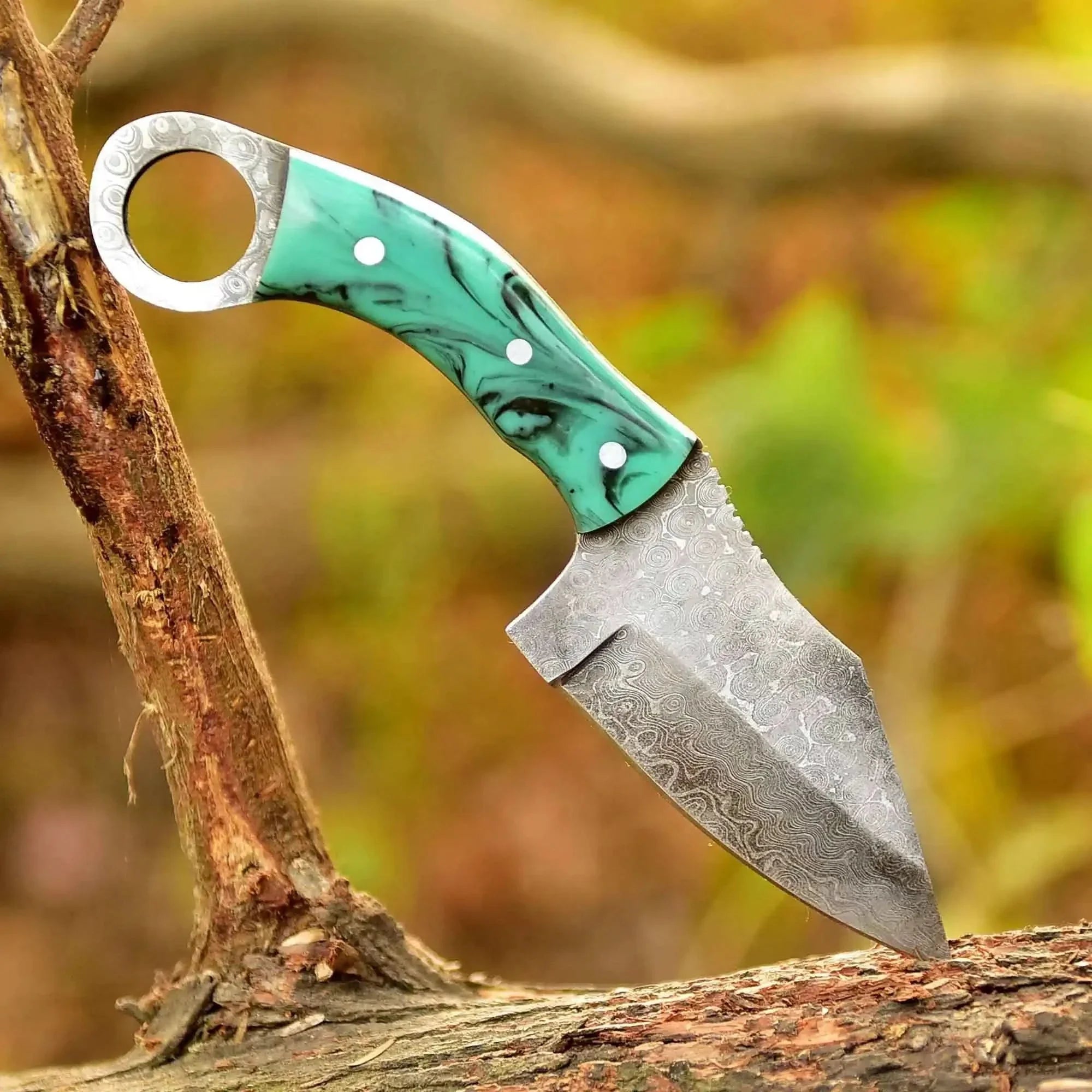 2 Piece Damascus Steel Ring Handle Knife Set with Bone Pattern &amp; Green Resin Handles with Leather Sheath