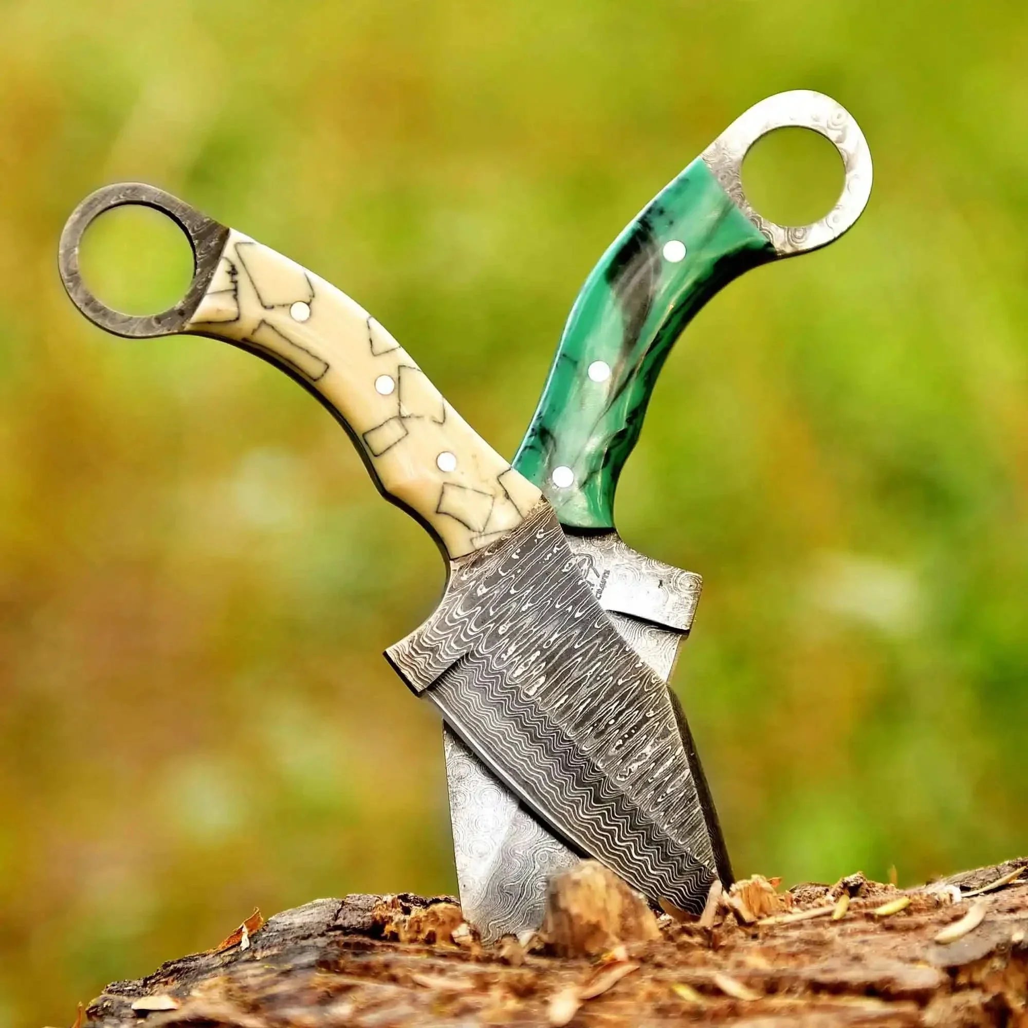 2 Piece Damascus Steel Ring Handle Knife Set with Bone Pattern &amp; Green Resin Handles with Leather Sheath